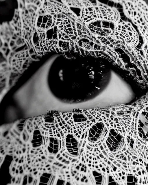 Image similar to extreme close up of a woman's eye, made of intricate decorative lace leaf skeleton, in the style of the dutch masters and gregory crewdson, dark and moody