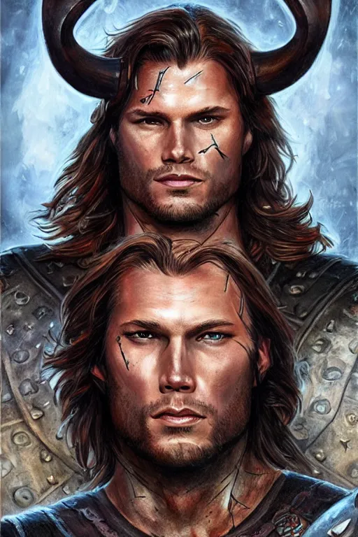 Image similar to front portrait of attractive sam winchester as a viking warrior, clothes torn apart, muscular chest tattooed with runes and symbols, d & d!, fantasy style, sharp focus!, ultra detailed, art by artgerm and peter andrew jones, wlop