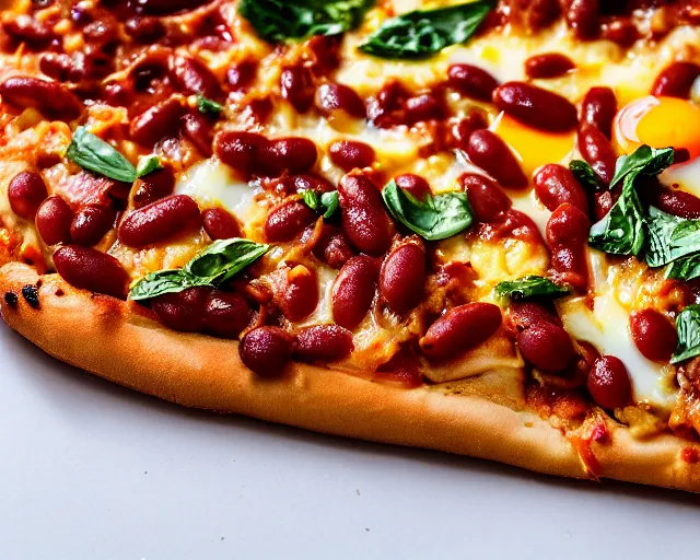 Image similar to dslr food photograph of a mouthwatering new york pizza with baked beans and egg on, 8 5 mm f 1. 4