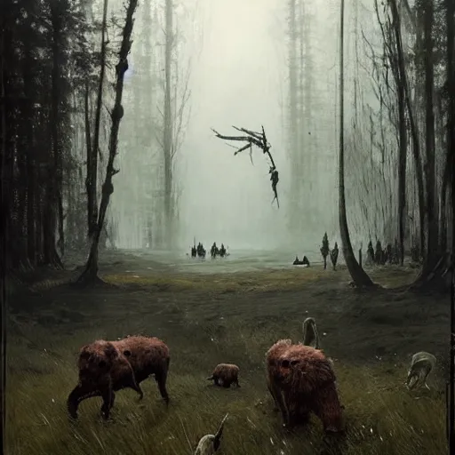 Image similar to annihilation ( 2 0 1 8 ) art by jakub rozalski, surreal mythological landscape by malczewski, legendary creature and animals heards