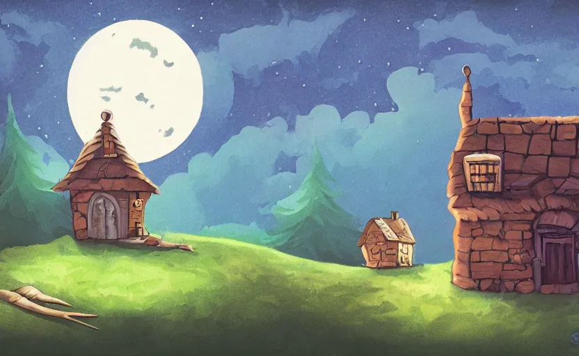 Prompt: a witch's shop on a lonely hill against a giant moon, storybook, gouache, flat, concept art, lush