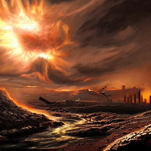 Image similar to nuclear apocalypse, realistic painting, ultra detailed, cinematic, dynamic light