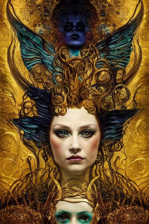 Image similar to Intermittent Chance of Chaos Muse by Karol Bak, Jean Deville, Gustav Klimt, and Vincent Van Gogh, beautiful Surreality portrait, enigma, Loki's Pet Project, destiny, Poe's Angel, fate, inspiration, muse, otherworldly, fractal structures, arcane, ornate gilded medieval icon, third eye, spirals