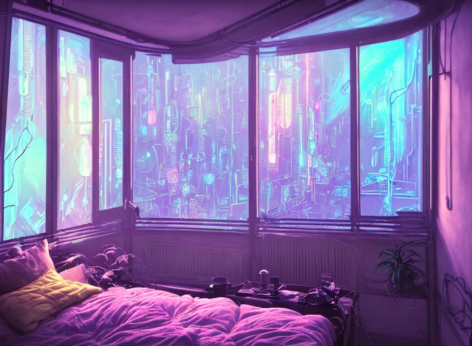 Image similar to telephoto photograph depicting the experience of acceptance in a cosy cluttered french sci - fi ( art nouveau ) cyberpunk apartment in a pastel dreamstate art cinema style. ( iridescent terrarium!, computer screens, window ( city ), leds, lamp, ( ( ( terrarium bed ) ) ) ), ambient light.