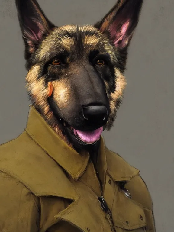 Image similar to new york city portrait of furry anthro anthropomorphic german shepard head animal person fursona wearing clothes nypd traditional police uniform in the alley, sunny day, digital art by Nerdrum John, William Waterhouse, Winslow Homer, Alex Heywood, Jordan Grimmer, Darren Quach, Greg Rutkowski, Simon Stalenhag, trending on Artstation, CGSociety