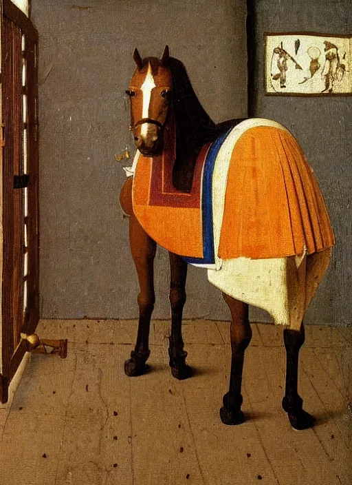 Image similar to wooden toy of a horse, medieval painting by jan van eyck, johannes vermeer, florence