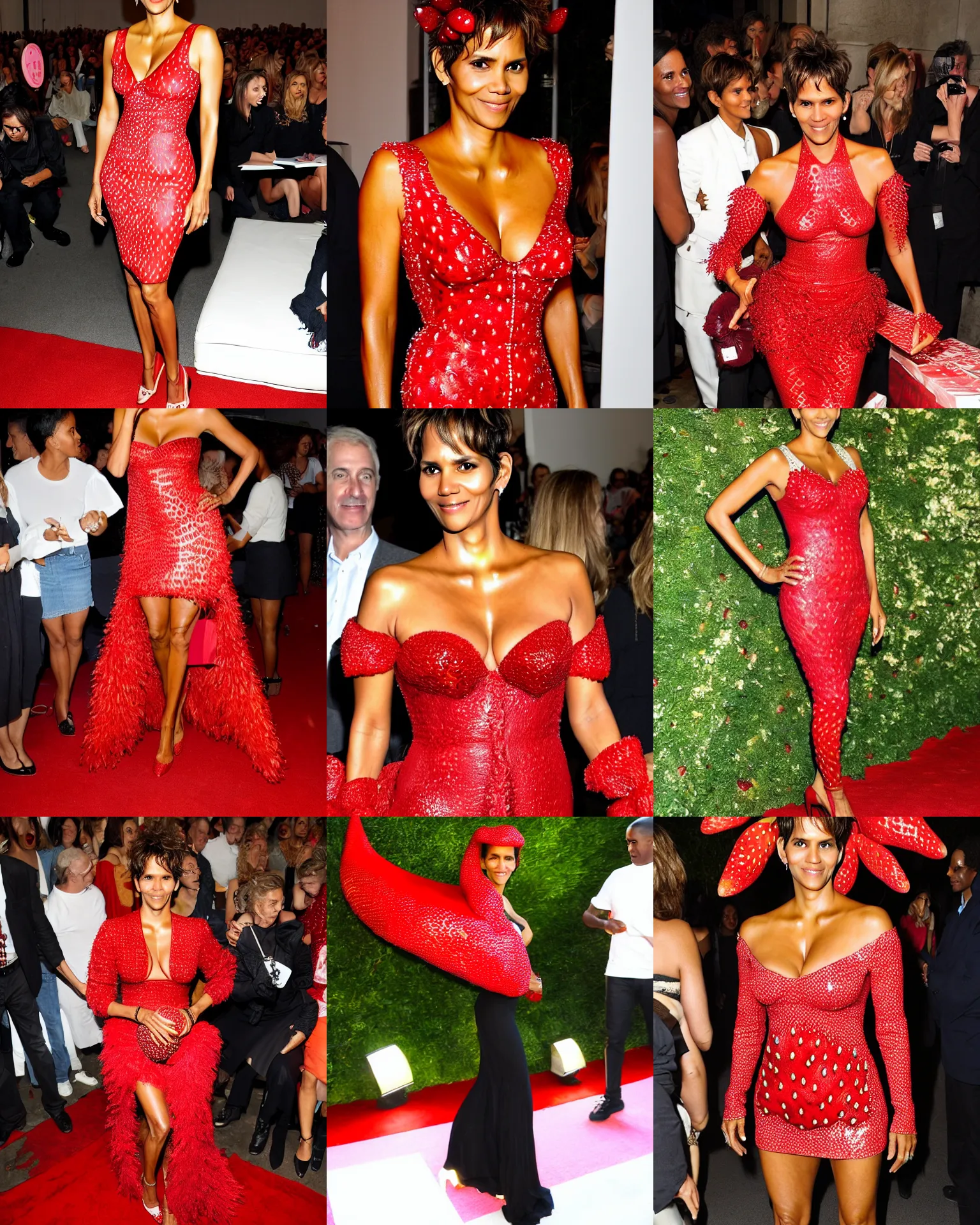 Prompt: halle berry wearing a strawberry costume, red carpet, charlotte olympia, dramatic lighting, london fashion week, friends of fruits, bedazzled fruit costumes