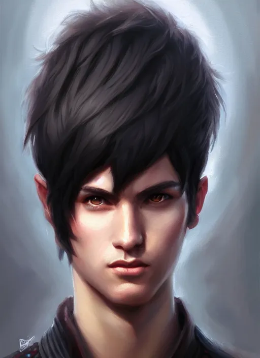 Image similar to a _ fantasy _ style _ portrait _ painting _ of young adult male, very short black fringe hair, round face, rpg dnd oil _ painting _ unreal _ 5 _ daz. _ rpg _ portrait _ extremely _ detailed _ artgerm _ greg _ rutkowski _ greg