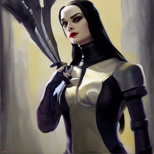 Image similar to greg manchess portrait painting of partially armored wednesday from addams family as overwatch character, medium shot, asymmetrical, profile picture, organic painting, sunny day, matte painting, bold shapes, hard edges, street art, trending on artstation, by huang guangjian and gil elvgren and greg rutkowski