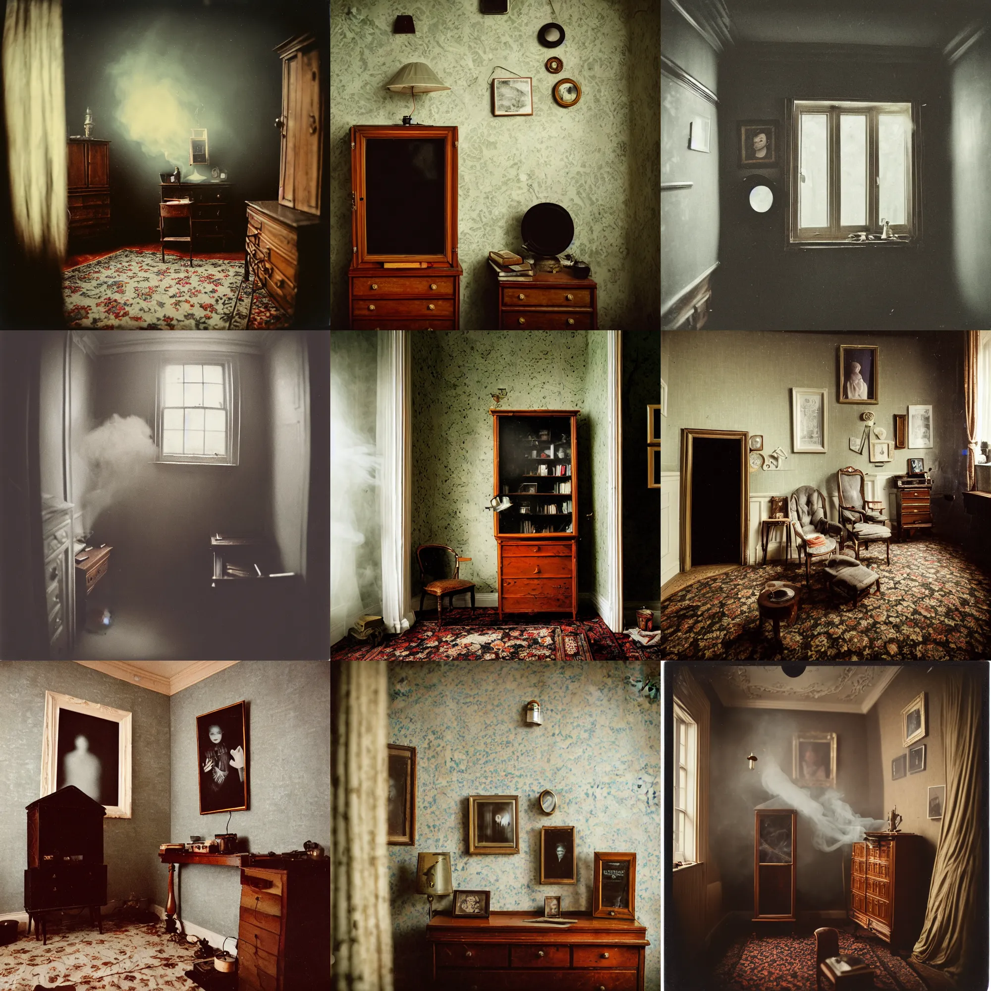 Prompt: kodak portra 4 0 0, wetplate, 8 mm extreme fisheye, award - winning portrait by britt marling, a person in a 1 9 2 0 s room, ghost, picture frames, shining lamps, dust, smoke, 1 9 2 0 s furniture, wallpaper, carpet, books, muted colours, wood, fog,