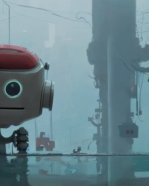 Image similar to a robot half sunken in a puddle, cory loftis, james gilleard, atey ghailan, makoto shinkai, goro fujita, character art, exquisite lighting, clear focus, very coherent, plain background, soft painting