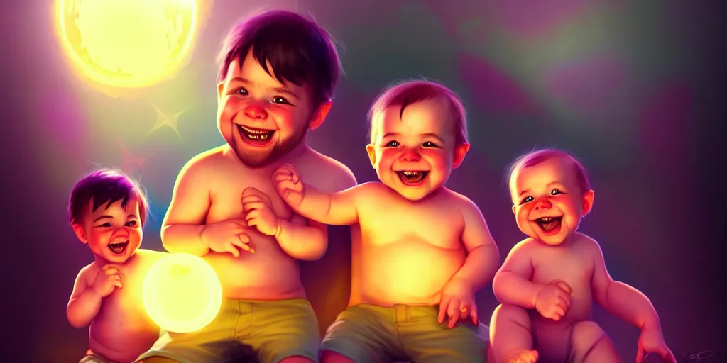 Image similar to epic professional digital art of a happy baby boy with his two fathers, best on artstation, cgsociety, wlop, cosmic, epic, stunning, gorgeous, much detail, much wow, masterpiece, backlight