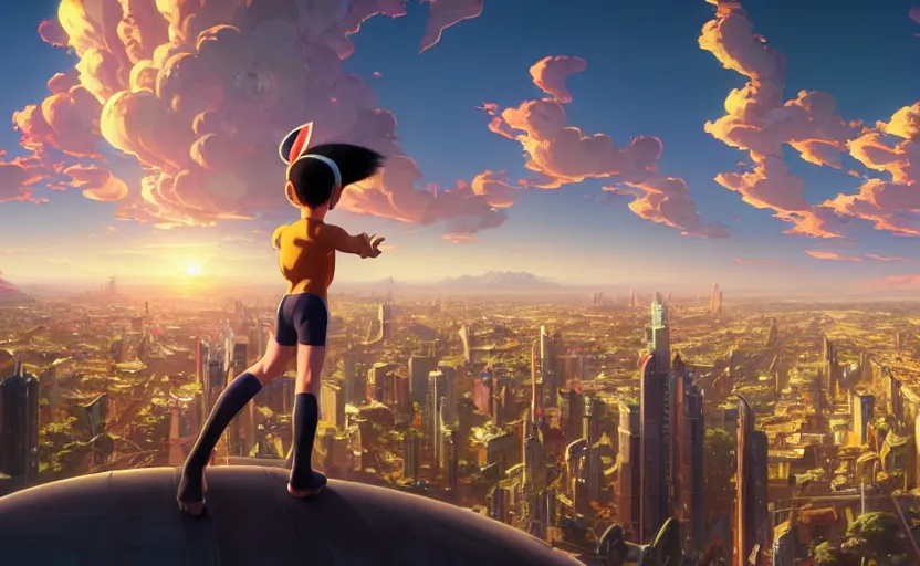 Image similar to Panoramic city view of the anime character Astroboy, golden hour sunlight, award winning painting, artstation, concept art, digital painting, Unreal Engine 5, 8K, art by artgerm and greg rutkowski and makoto shinkai and alphonse mucha and ross tran