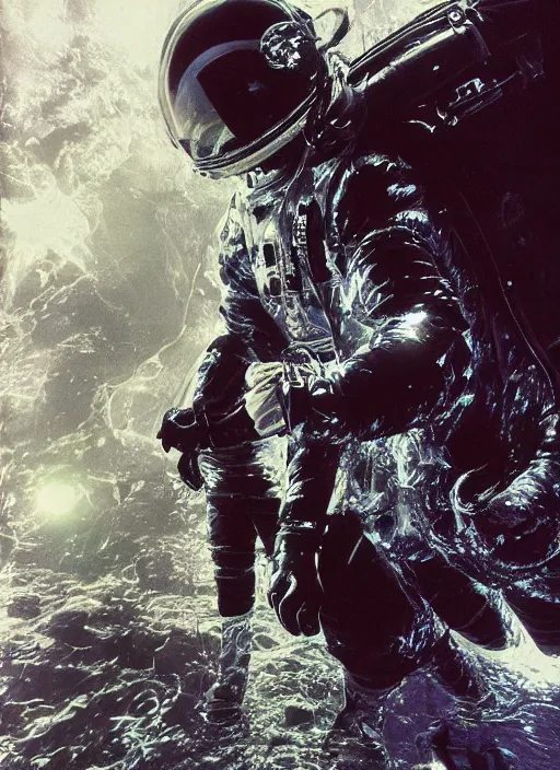 Image similar to astronauts in dark and empty void underwater - complex and hyperdetailed technical suit. reflection and dispersion materials. rays and dispersion of light. volumetric light. 5 0 mm, f / 3 2. noise film photo. flash photography. ultra realistic, wide angle. poster by wayne barlowe, hajime sorayama aaron horkey, craig mullins