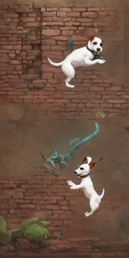 Image similar to adorable jack russel terrier jumping over a brick wall, fantasy art, artstation character design contest winner, trending on cgsociety, concept art, speedpaint, beautiful digital art, jesper ejsing, james jean, justin gerard, fenghua zhong, makoto shinkai, highly detailed