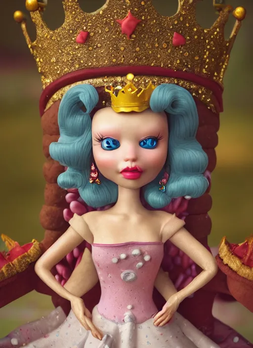 Image similar to closeup face profile portrait of a tin toy fairytale princess wearing a crown eating cakes in the castle, bikini, depth of field, zeiss lens, fashion photoshoot, by nicoletta ceccoli, mark ryden, lostfish, dan decarlo, bob clampett, max fleischer, breathtaking, detailed, hyperrealistic, octane render