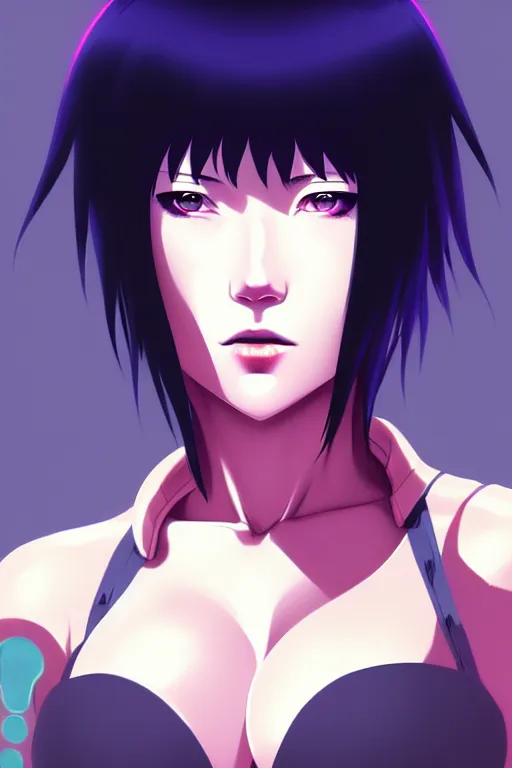 Image similar to a still fullbody portrait of motoko kusanagi ghost in the shell, finely detailed features, closeup at the faces, perfect art, at a cyberpunk city, gapmoe yandere grimdark, trending on pixiv fanbox, by ilya kuvshinov, rossdraws, artgerm