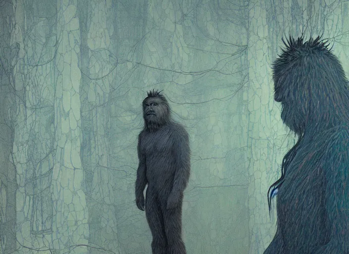 Image similar to portrait of sasquatch painterly, cynical realism, yoshitaka amano, miles johnston, moebius, beautiful lighting, miles johnston, klimt, tendrils, in the style of, louise zhang, victor charreton, james jean, two figures, terrence malick screenshots, ghibli screenshot