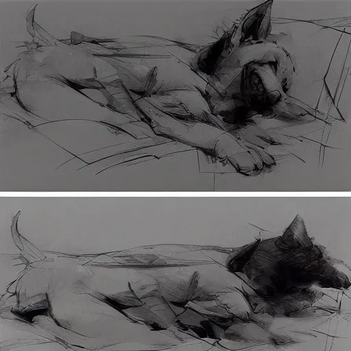 Image similar to 3d scene of a sleeping dog, Greg Rutkowski and Yoji Shinkawa