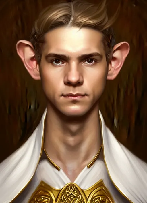 Image similar to symmetry!! portrait of a young halfling male cleric, white robe with gold accents, light brown hair ponytail!!!, wry smirk, brown, gold and white cloak, necklace, elegant, highly detailed, digital painting, artstation, concept art, smooth, sharp focus, illustration, art by artgerm and greg rutkowski and alphonse mucha