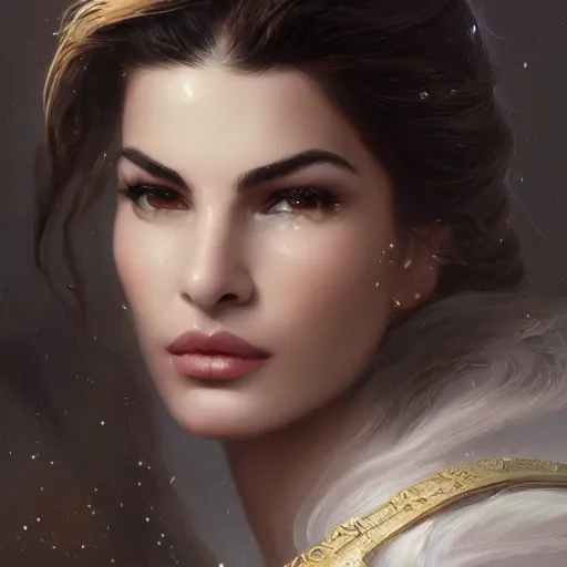 Prompt: portrait jacqueline fernandez, white horse, roses, dreamy, fantasy, pain, intricate, elegant, highly detailed, digital painting, artstation, concept art, matte, sharp focus, illustration, octane render, unreal engine, art by aenaluck and roberto ferri and greg rutkowski, epic fantasy, digital painting