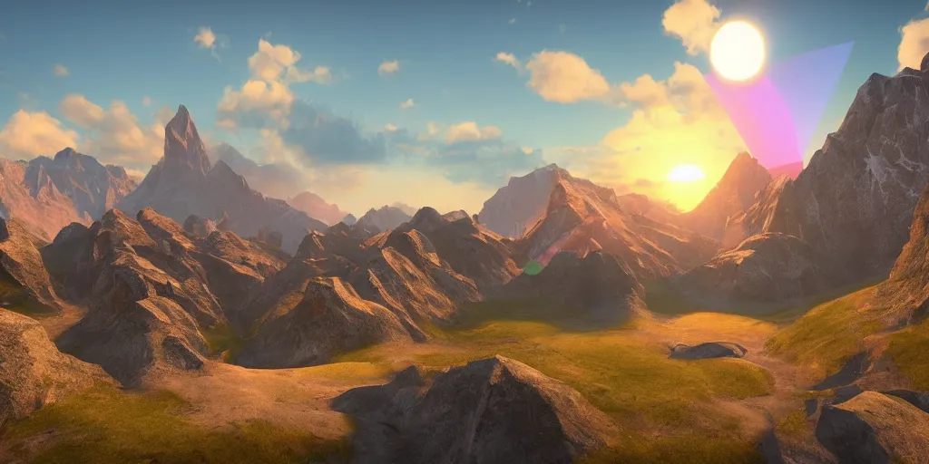 Image similar to a beautiful landscape, sun rises between two mountains, colourful 3 d artwork by phillipp urlich, unreal engine 5, extremely detailed, hyper realism