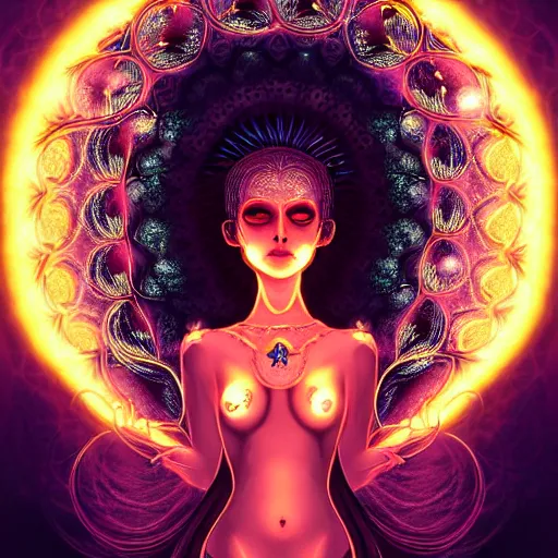 Image similar to a symmetrical portrait of a mystical feminine creature with glowing energies and particals, metal scales, surrounded by spirits, gloomy cinematic lighting, highly detailed, illustrated novel style, comic