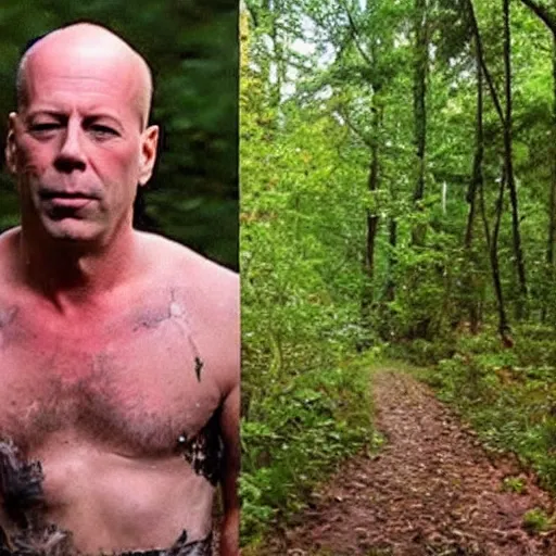 Image similar to drunk Bruce Willis wearing only a punk tutu and make up, lost in the woods, caught on a trail cam