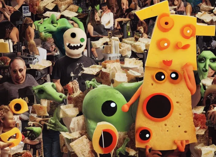 Prompt: monsters made of cheese, eating humans