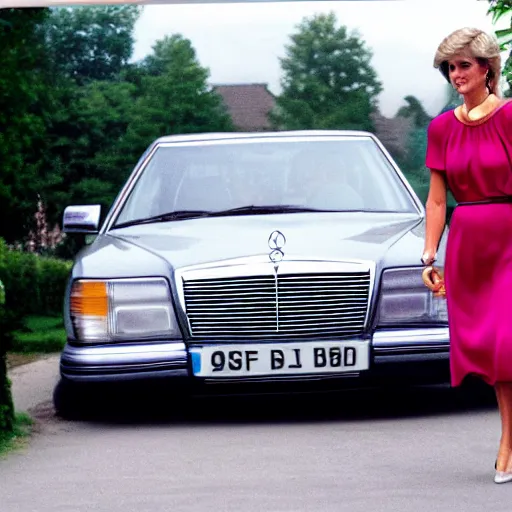 Image similar to selfie of princess Diana next to silver Mercedes-Benz W140, photograph, image, 4k HDR, trending on artstation,