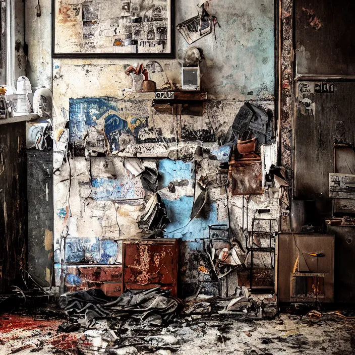 Prompt: old, grungy, dirty, modern home interior, color photograph, canon eos c 3 0 0, ƒ 1. 8, 3 5 mm, 8 k, medium - format print