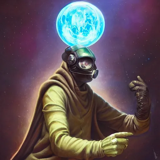 Image similar to masked nomad male wearing a cloak on an alien world and holding a holographic planet projection in his hand, detailed, sci - fi, digital painting, artstation, sharp focus, illustration, ominous, artgerm, tomasz alen kopera, peter mohrbacher, donato giancola, joseph christian leyendecker, wlop, frank frazetta