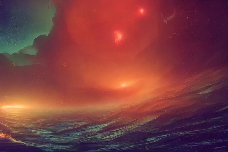 Prompt: glitched fantasy painting, the night sky is an upside down ocean, digital rectangular vhs glitches, the stars are fish in the depths, the night sky is a sea, distant nebula are glowing algae, the moon is an anglerfish by jessica rossier