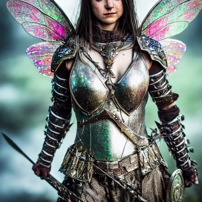 Image similar to full length photo of a fairy warrior wearing sparkly armour, highly detailed, 4 k, hdr, smooth, sharp focus, high resolution, award - winning photo