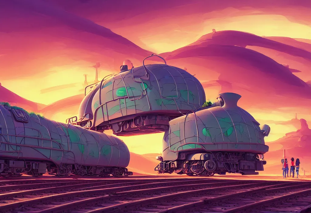 Image similar to chubby futuristic train on a railroad in the desert with a cactus on the right in the forefround, intricate oil painting, high detail illustration, sharp high detail, manga and anime 1 9 9 9, official fanart behance hd artstation by jesper ejsing and makoto shinkai, 4 k,