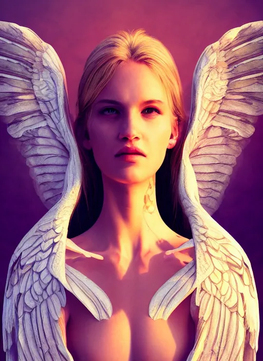 Image similar to Beautiful female angel, digital Art, trending on Artstation, dramatic lighting, face symmetry, intricate wings