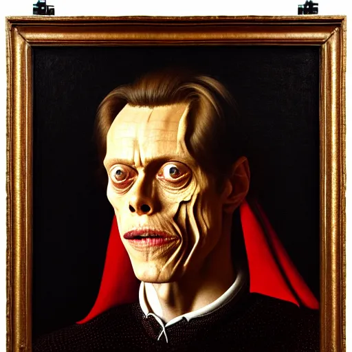 Image similar to portrait of the son of elon willem dafoe steve buscemi, oil painting by jan van eyck, northern renaissance art, oil on canvas, wet - on - wet technique, realistic, expressive emotions, intricate textures, illusionistic detail