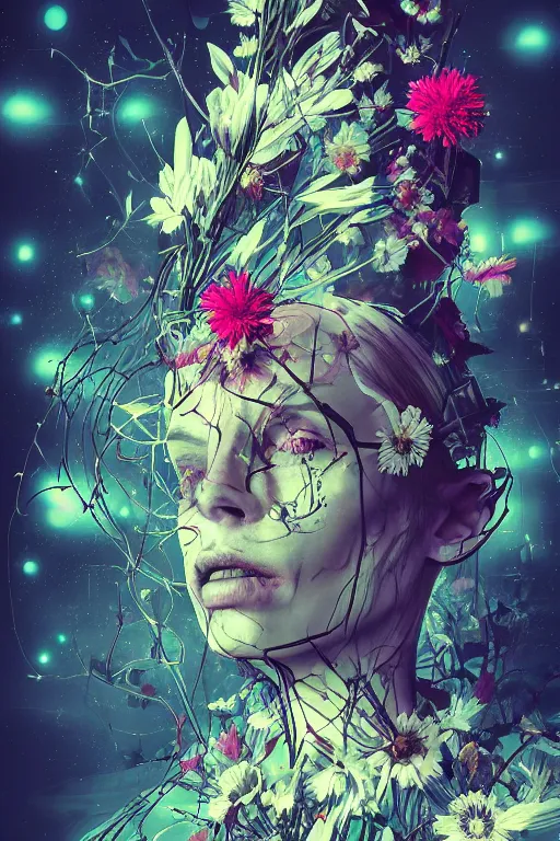 Image similar to night sky full of flowers, cyberpunk art, floating detailes, leaves b, kenneth blom, mental alchemy, pablo amaringo, naudline pierre, contemporary art, hyper detailed, photorealistic,