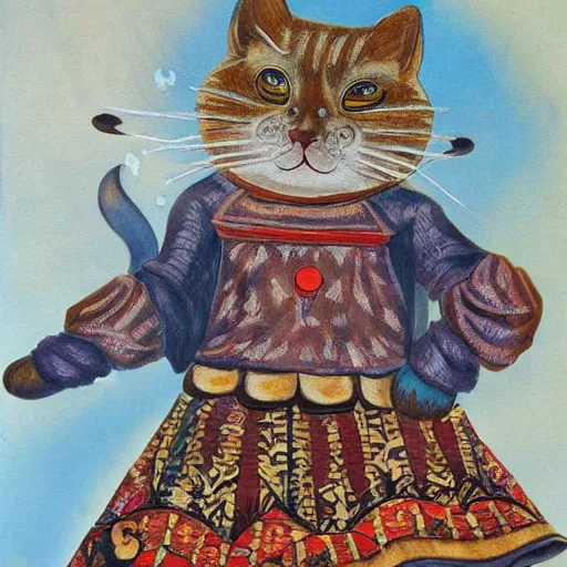 Prompt: Russian anthropomorphic cat person in folk clothing, fantasy painting