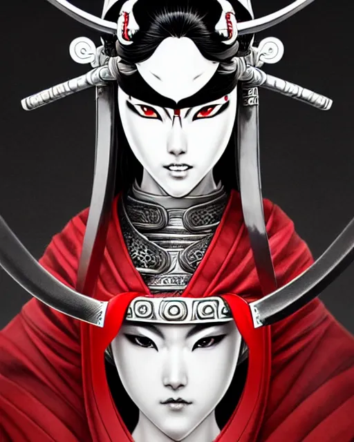 Image similar to beautiful samurai warrior woman only, manga style only, black white and red colors only, symmetrical face and full body, demonic, cinematic, powerful, super detailed and intricate, hyper realistic, 4 k render, by artgerm, by kyoung hwan kim, by ralph mcquarrie, by yoshiyuki tomino