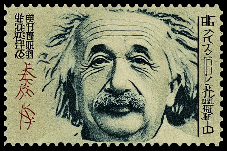 Image similar to engraved japanese postage stamp of albert einstein with theory of relativity, detailed!!! color engraving in the style of a postage stamp, fine!!! lines