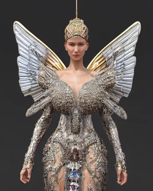 Image similar to a highly detailed metahuman 4 k close up render of a bella hadid archangel monument renaissance in iris van herpen dress schiaparelli in diamonds crystals swarovski and jewelry iridescent in style of alphonse mucha gustav klimt trending on artstation made in unreal engine 4