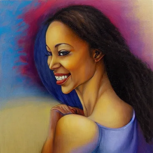 Prompt: beautiful black woman smiling at her reflection in a mirror, dorina costras