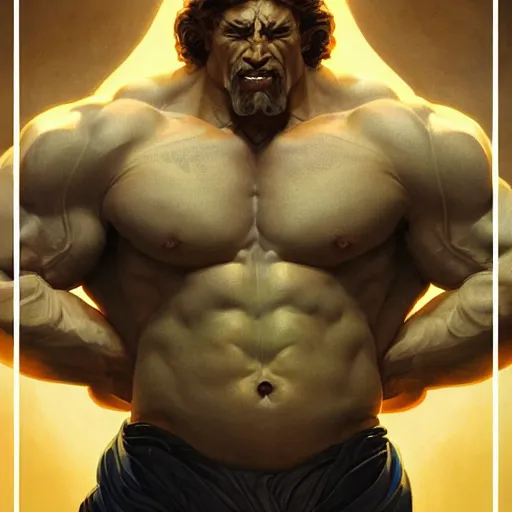 Image similar to hulking herculean ogre jesus christ, masterpiece, intricate, elegant, highly detailed, digital painting, artstation, concept art, smooth, sharp focus, illustration, art by artgerm and greg rutkowski and alphonse mucha and uang guangjian and gil elvgren and sachin teng, symmetry!!