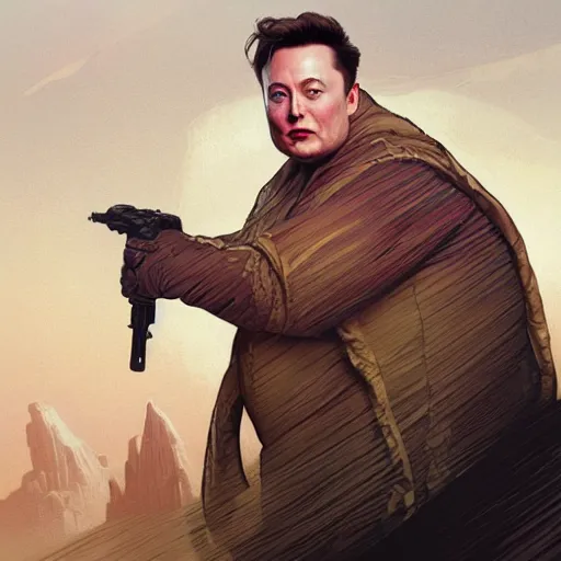 Prompt: Elon Musk as Jabba the Hutt, realistic portrait, highly detailed, digital painting, artstation, concept art, smooth, sharp focus, illustration, cinematic lighting, art by artgerm and greg rutkowski and alphonse mucha