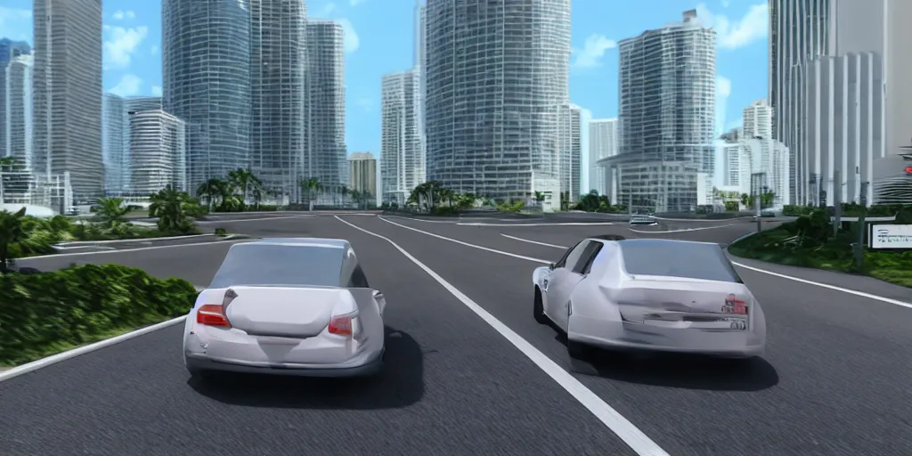 Image similar to car driving across miami, third person bumper camera, realistic, vray, path traced, render