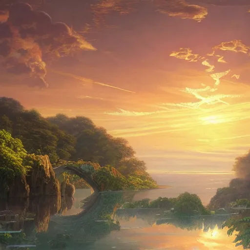 Image similar to a sunset by frederick waugh, cinematic angle, studio Ghibli and Thomas Cole vibe, bold, beautiful composition, intricate, digital art, detailed oil painting, hyperrealistic, sharp focus, 8k