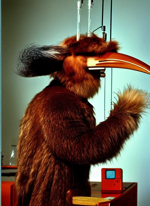 Image similar to realistic photo of a a hairy furry fluffy birdman, very long beak, in a living room sci - fi laboratory with many wooden gadgets made of wood interior is made of wood 1 9 9 0, life magazine reportage photo, natural colors