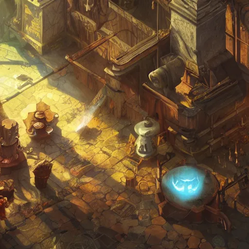 Prompt: an alchemist fantasy lab, potions, stills, complex devices, concept art illustration, color page, tone mapping, akihiko yoshida, james jean, andrei riabovitchev, marc simonetti, digital illustration, greg rutowski, volumetric lighting, sunbeams, particles