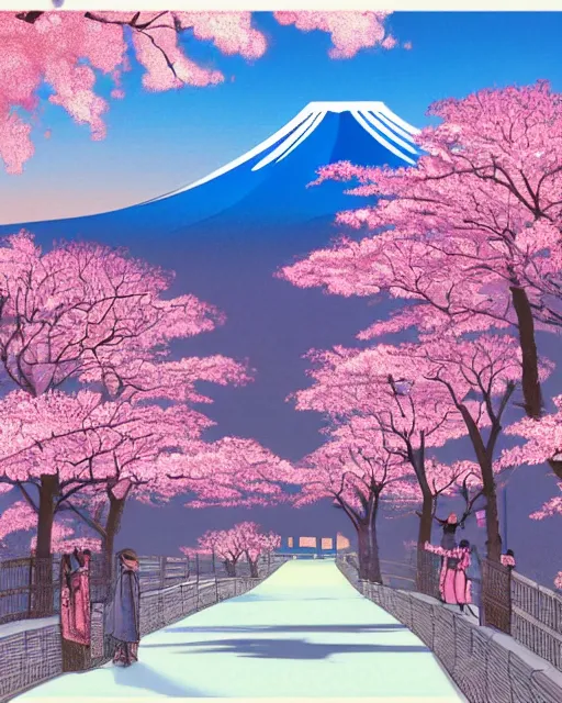 Prompt: artdeco illustration of a street in a quiet japanese village, sakura season, fuji in background. pastel colours. beautiful. artstation, deviantart, pinterest, 5 0 0 px models
